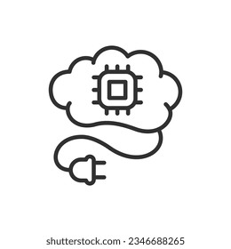 Electronic brain, linear icon. Brain, chip and electrical plug. Line with editable stroke
