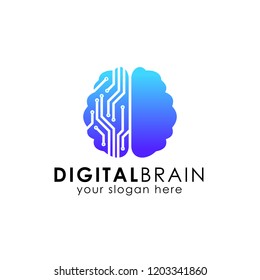 Electronic Brain Logo. Digital Brain Logo Design Template. Smart Brain Vector Icon