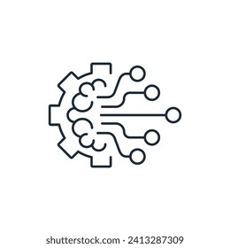 Electronic brain, processor. Digital transformation. Information processing by artificial intelligence. Electronic thinking.Vector linear icon isolated on white background.