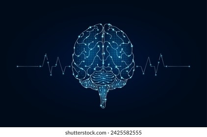 Electronic brain and pulse wave glowing between connecting lines. Human organ microchip data circuit code. Medical science of technology futuristic digital innovative health care. Vector EPS10.