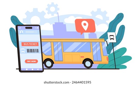 Electronic Bus ticket concept. Pass to public transport. Yellow automobile and transport at trip and travel. Transportation and tourism. Urban infrastructure for citizens. Flat vector illustration