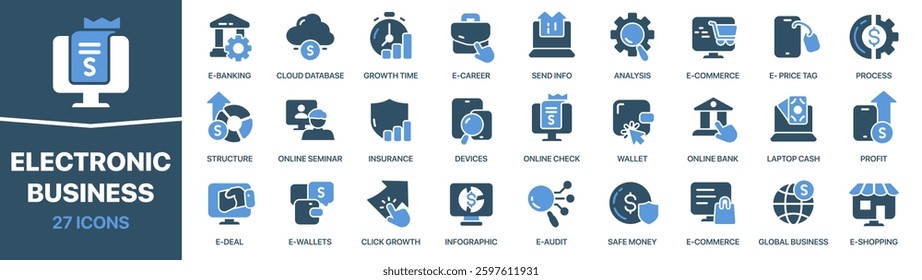 Electronic business colored signed icon collection. Wallet, shopping, career, money, banking icons. UI icon set. Colored icons pack. Vector illustration