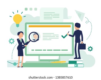 Electronic business document. Business people deal with official paper on computer screen, read digital information, study office file and data. Vector abstract illustration with faceless character