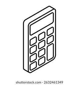 Electronic calculator device with keypad and display. Isometric vector icon. Editable stroke.