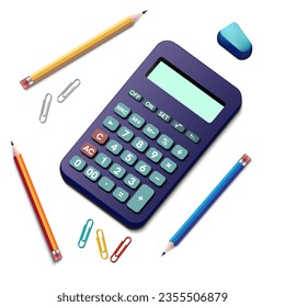 Electronic calculator. Digital calculator with pencil, clip and eraser, isolated on white background. Vector illustration EPS 10.
