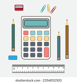 Electronic calculator. Digital calculator with pencil, clip, eraser, ruler and sharpener. Isolated on gray background. vector illustration EPS 10.