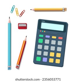 Electronic calculator. Digital calculator with pencil, clip and sharpener. Isolated on white background. vector illustration EPS 10.