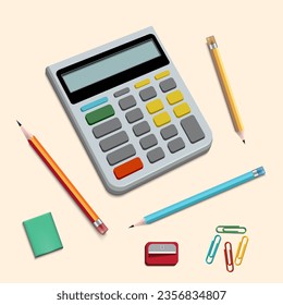 Electronic calculator. Digital calculator with pencil, clip, eraser and sharpener. Isolated on light yellow background. vector illustration EPS 10.