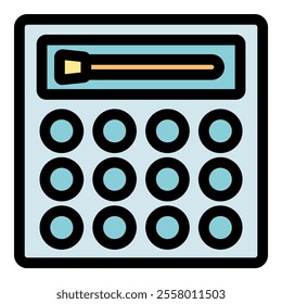 Electronic calculator is displaying result of mathematical operations, featuring twelve buttons for input