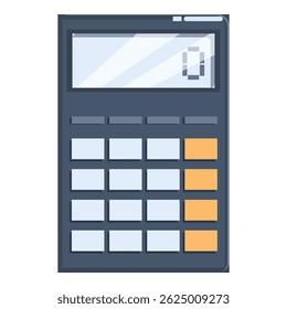 Electronic calculator displaying zero on screen, featuring gray body and orange buttons