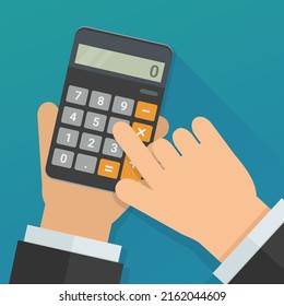 Electronic calculator in the hands of a man in a suit calculating (flat design)