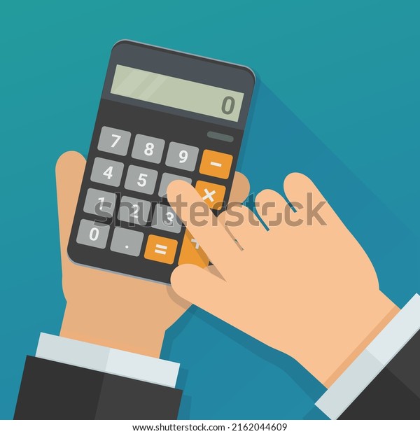 Electronic calculator in the hands of a man in a\
suit calculating (flat\
design)