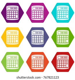 An electronic calculator icon set many color hexahedron isolated on white vector illustration