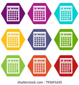 Electronic calculator icon set many color hexahedron isolated on white vector illustration