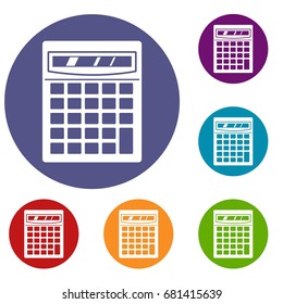 Electronic calculator icons set in flat circle red, blue and green color for web