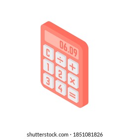Isomometrisches Icon für den elektronischen Rechner. Digital-Display für Erziehungs- und Handelsroter-Computer-Geräte. Mathematische Berechnungen und rechnerische Finanzerklärung in Rechnungslegung, Vektorgrafik.
