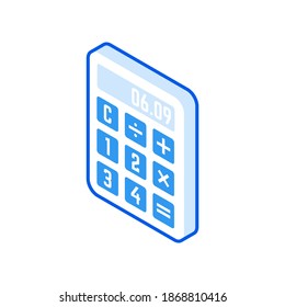 Icono isométrico de la calculadora electrónica. Pantalla digital de dispositivos de computación roja educativa y comercial. Cálculos matemáticos y declaración financiera de cálculo en ilustración de vector contable.