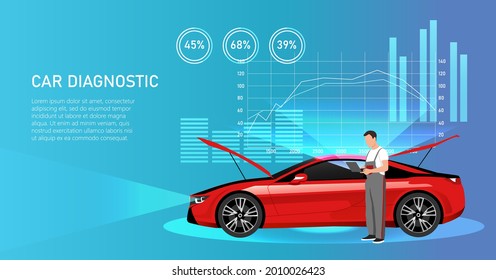 Electronic car diagnostic. Repair car service. Workshop for repair and diagnostics of the automobile or smartcar. Vector illustration