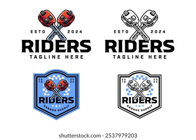 electronic car key with alarm system colorful and outline logo design set for garage, automotive, motorcycle club motorcycle vehicle key illustration badge logo template for rider, racing sport 