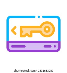 Icono de la línea delgada del vector de la clave de la tarjeta electrónica. Tecla Electrónica Plástica De Puerta, Rendimiento Del Hotel Del Equipo De Servicio Pictograma Lineal. Ilustración de contorno de elementos del albergue de negocios