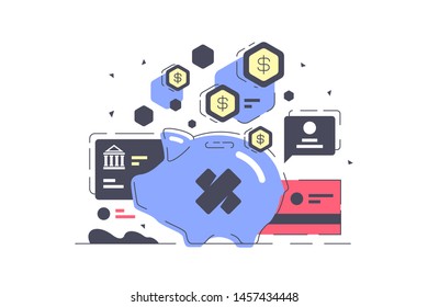 Electronic card in piggy bank finance with dollars symbol. Concept online mobile wallet to accumulation of money, cash security. Vector illustration.