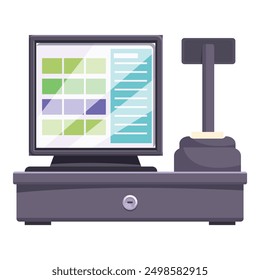 Electronic cash register showing sale information on screen with cash drawer and receipt printer