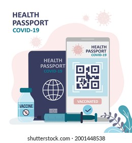 Electronic certificate of vaccination with qr code for travel. Digital health passport on mobile phone screen. Syringe with dose of covid-19 vaccine. Medical tools. Trendy flat vector illustration