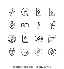 Electronic Charging, linear style icon set. Charging devices and power solutions for electronics. Battery , plug, cable, and wireless charging. Energy and connectivity essentials. Editable stroke