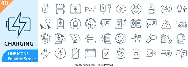 Carga Electrónica, conjunto de iconos de estilo lineal. Conjunto de iconos de carga. Contiene Recargo, batería, energía, electricidad, etc. Ilustración vectorial. Trazo editable.