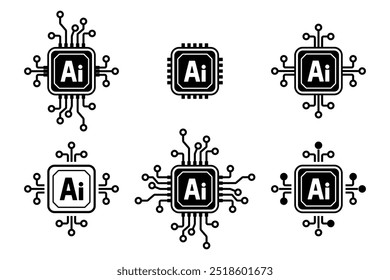 Electronic chip AI processor icon set, Artificial intelligence silhouette logo icon, Digital IT technology, Vector illustration.