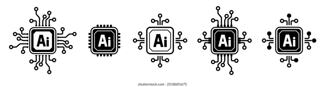 Electronic chip AI processor icon set, Artificial intelligence silhouette logo icon, Digital IT technology, Vector illustration.