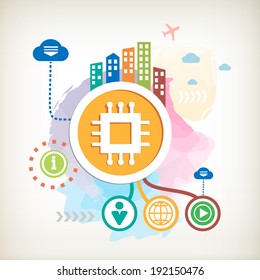 Electronic chip and city on abstract colorful watercolor background with different icon and elements. Design for the print, advertising, banner.