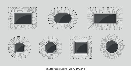 Electronic chip frame. Digital stylized cpu borders recent vector computer processors place