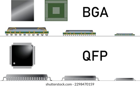 Electronic chip icons,BGA and QFP Chip on PCB,vector