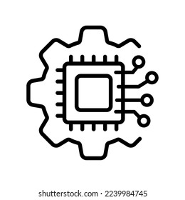 Electronic chip with neural network line icon. CPU, central processing unit, device, motherboard, printed circuit board, computer. Technology concept. Vector line icon on white background