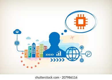 Electronic chip and person with bubbles for dialogue. Think and decide.