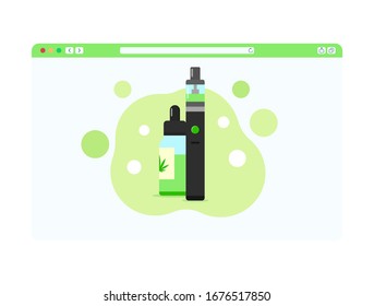 Elektronische Zigaretten und Flaschen mit Flüssigkeit mit Marihuana in einem Browser-Fenster. Stilvolle flache Vektorillustration. Geeignet für technische oder medizinische Themen.