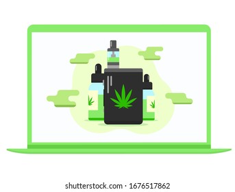 Cigarro electrónico y botellas con líquido con marihuana en una pantalla de ordenador portátil. Elegante ilustración vectorial plana. Adecuado para temas tecnológicos o médicos.