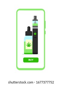Cigarrillos electrónicos y botellas con líquido con marihuana en la pantalla del smartphone. Elegante ilustración vectorial plana. Adecuado para temas tecnológicos o médicos.