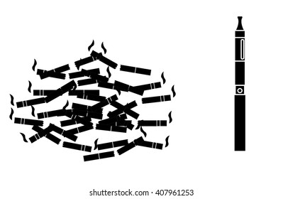 Electronic cigarette and a lot of cigarette butts. The concept of electronic cigarette replaces many cigarettes. Vector Image.