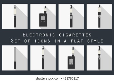 Electronic cigarette flat icons, types vaporizers, set.