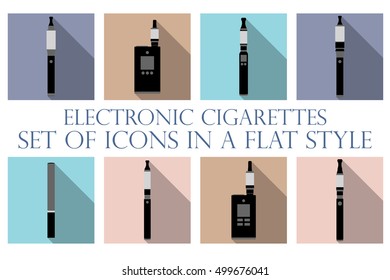 Electronic cigarette. Electronic cigarette flat icons. Types vaporizers. Set vector icons.