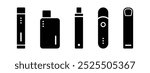 Electronic cigarette icon set in black glyph style. Vape device collection vector illustration. Smoking pod system symbol. Vaporizer silhouette. Alternative smoking sign. Electric cigarette isolated.