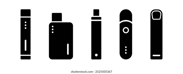 Ícone de cigarro eletrônico definido no estilo de glifo preto. Ilustração do vetor de coleção de dispositivos Vape. Símbolo do sistema de fumadores. Silhueta de vaporizador. Sinal de fumante alternativo. Cigarro elétrico isolado.