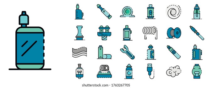 Electronic cigarette icon set. Outline set of electronic cigarette vector icons thin line color flat isolated on white