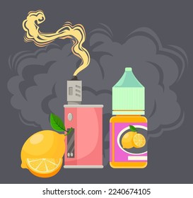 Electronic cigarette with lemon flavor vector illustration. Cartoon drawing of e-cigarette and liquid for vape on black background. Smoking, technology concept