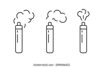 Electronic cigarette, linear icons set. Cylindrical vape with different shapes of smoke. Outline simple vector of smoking device. Contour isolated pictogram on white background