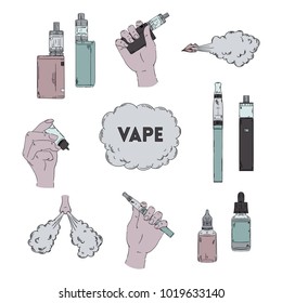 Electronic cigarette, liquid and cloud of steam. Vape collection. Isolated elements. Vector illustration