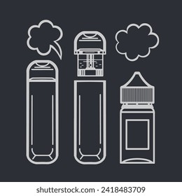Electronic cigarette liquid for smoking. Cloud of steam. Vape shop icons. Doodle style. Isolated dark background. Vector.