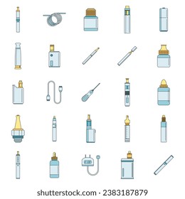 Electronic cigarette mod cig smoke icons set. Outline illustration of 25 electronic cigarette mod cig smoke vector icons thin line color flat on white